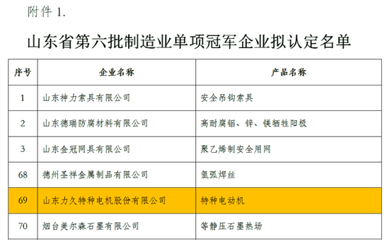 山東省第六批制造業(yè)單項冠軍企業(yè)名單